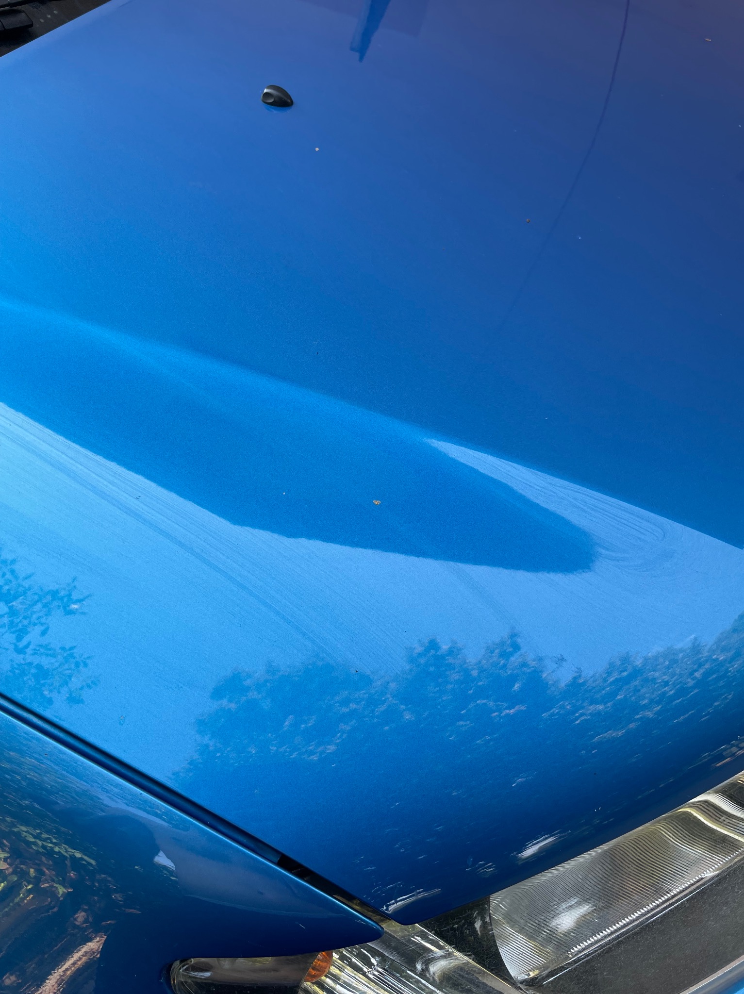 Błękitny lakierowany fragment karoserii samochodu z widocznymi smugami po polerowaniu, odbijający zieleń drzew. Widoczny fragment reflektora.