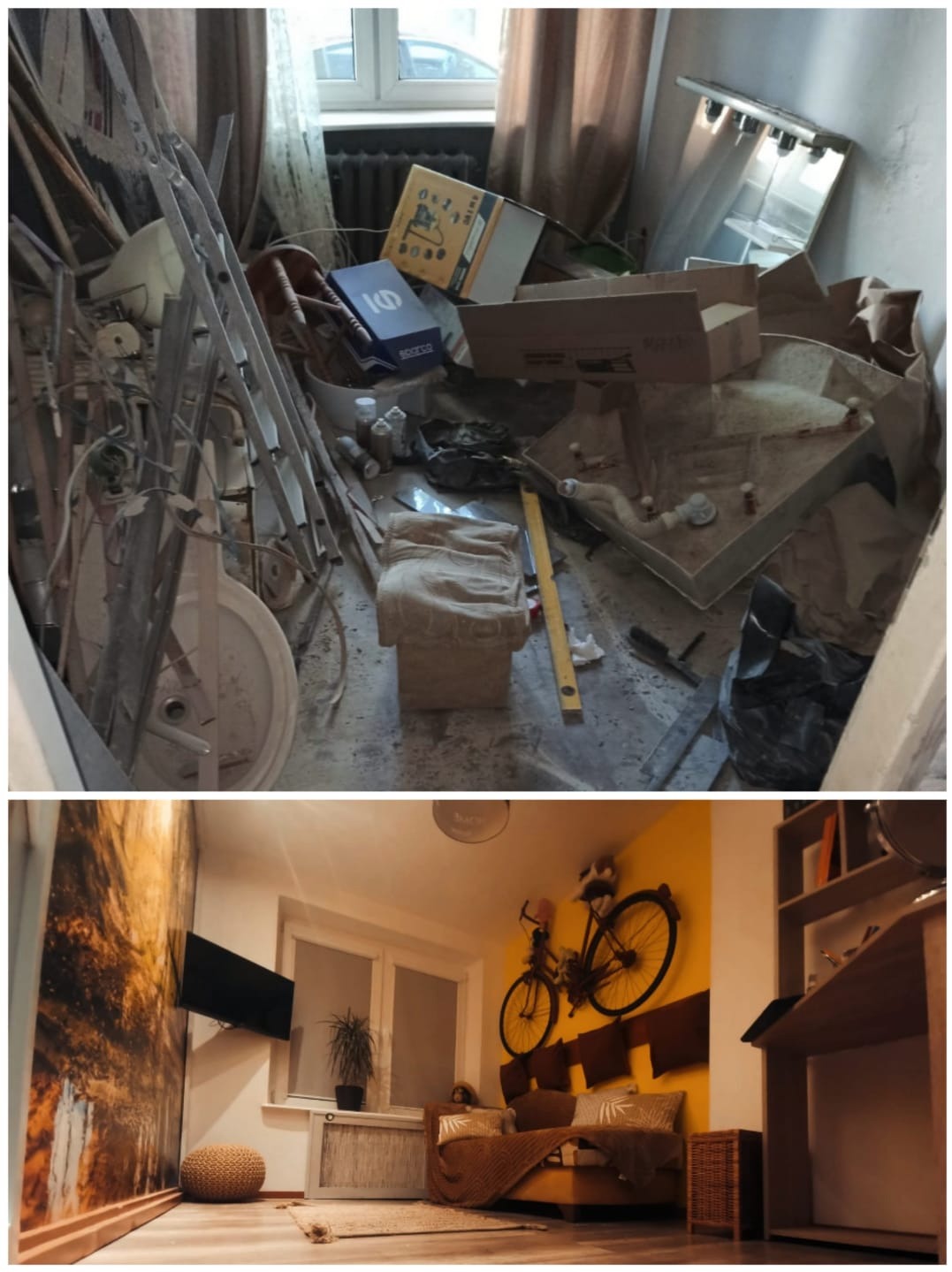 Porównanie stanu pokoju przed i po remoncie: górna część zdjęcia ukazuje zagracone pomieszczenie w trakcie prac, z widocznymi materiałami budowlanymi, drabina i fragmentem wanny; dolna część...