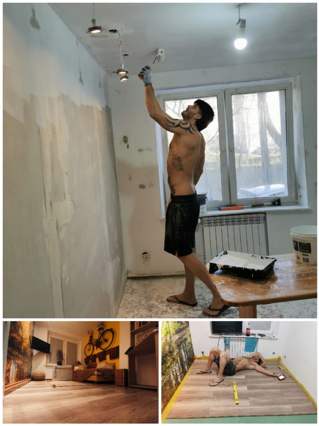 Mężczyzna z tatuażami maluje sufit wałkiem w trakcie remontu, widoczne przygotowane ściany, narzędzia, oraz ułożona podłoga w innym pomieszczeniu.