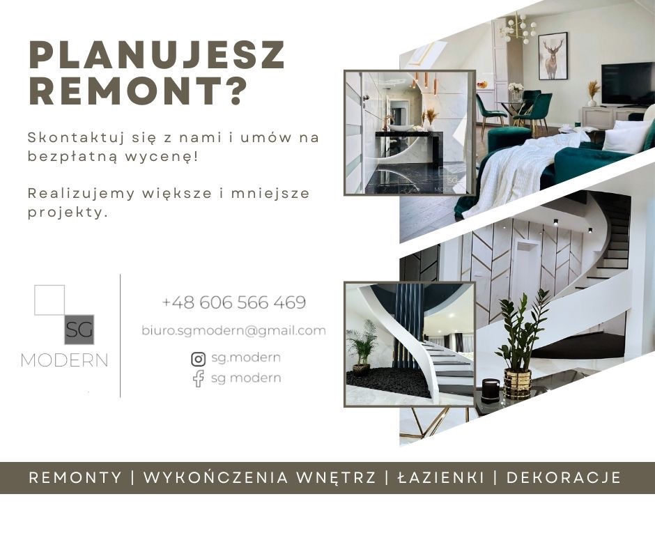 Grafika reklamowa firmy remontowej z wizualizacjami łazienki, salonu i schodów, zapraszająca do kontaktu w sprawie remontu i wykończenia wnętrz.