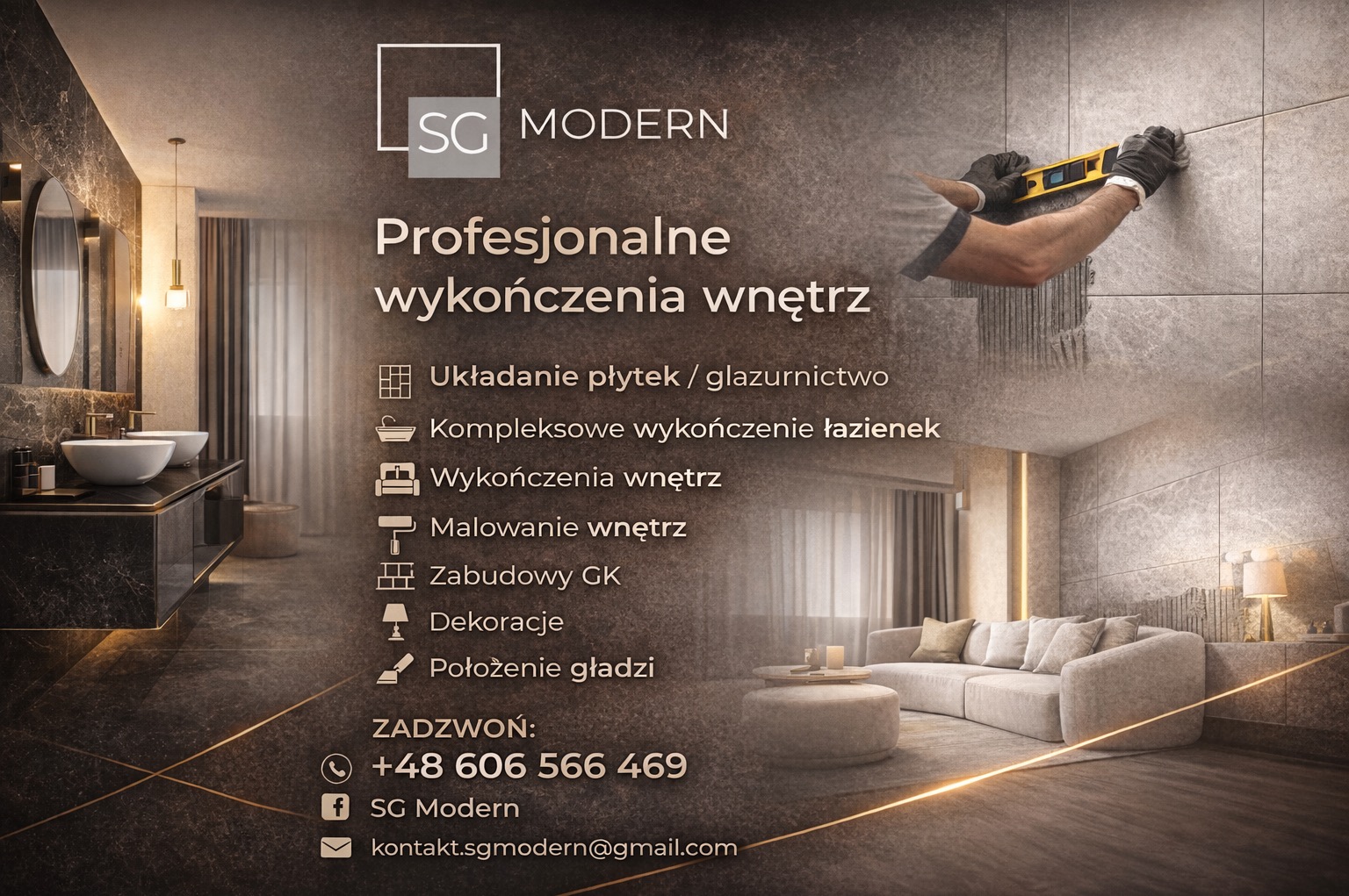 Profesjonalne wykończenia wnętrz: glazurnik poziomuje płytki w łazience z umywalkami i salonem. Układanie płytek, zabudowy GK, malowanie i dekoracje.