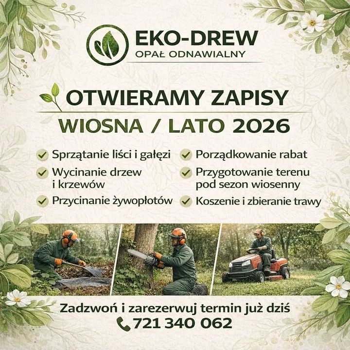 Grafika reklamowa EKO-DREW: zapisy na wiosnę/lato 2026. Usługi: sprzątanie liści, wycinka drzew, porządkowanie rabat, koszenie trawy. Kontakt telefoniczny.