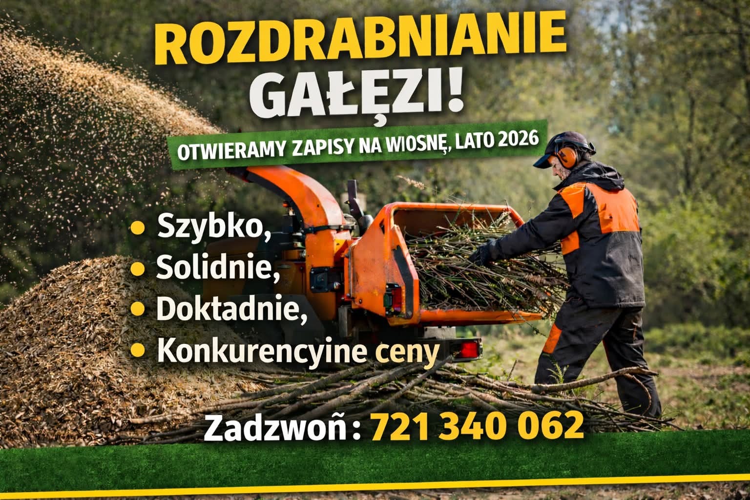 Rozdrabnianie gałęzi: pracownik w stroju roboczym wrzuca gałęzie do pomarańczowej maszyny. W tle sterta rozdrobnionych gałęzi. Otwieramy zapisy na wiosnę, lato 2026.