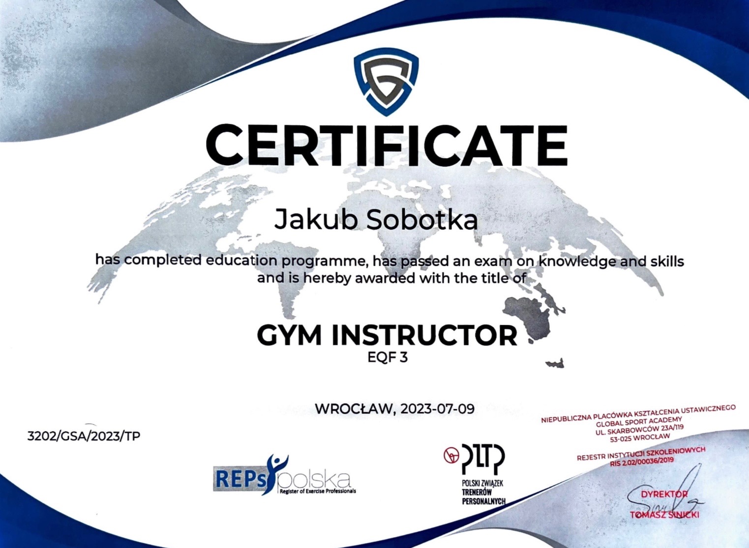 Certyfikat ukończenia kursu instruktora siłowni dla Jakuba Sobotki, wydany we Wrocławiu 9 lipca 2023 roku, z logotypami REPS Polska i Polskiego Związku Trenerów Personalnych.