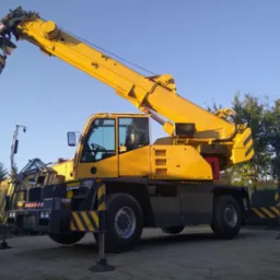 Żółty samojezdny żuraw teleskopowy Grove na rozłożonych podporach, z wysuniętym ramieniem i hakiem, na tle niebieskiego nieba i zieleni.