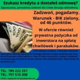 Ulotka reklamowa z hasłem 'Szukasz kredytu a dostałeś odmowę?', z widocznymi banknotami 100 zł i informacją o prywatnej pożyczce na spłatę chwilówek.
