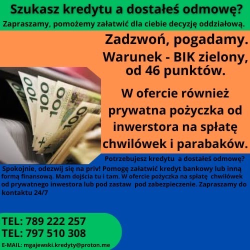 Ulotka reklamowa z hasłem 'Szukasz kredytu a dostałeś odmowę?', z widocznymi banknotami 100 zł i informacją o prywatnej pożyczce na spłatę chwilówek.