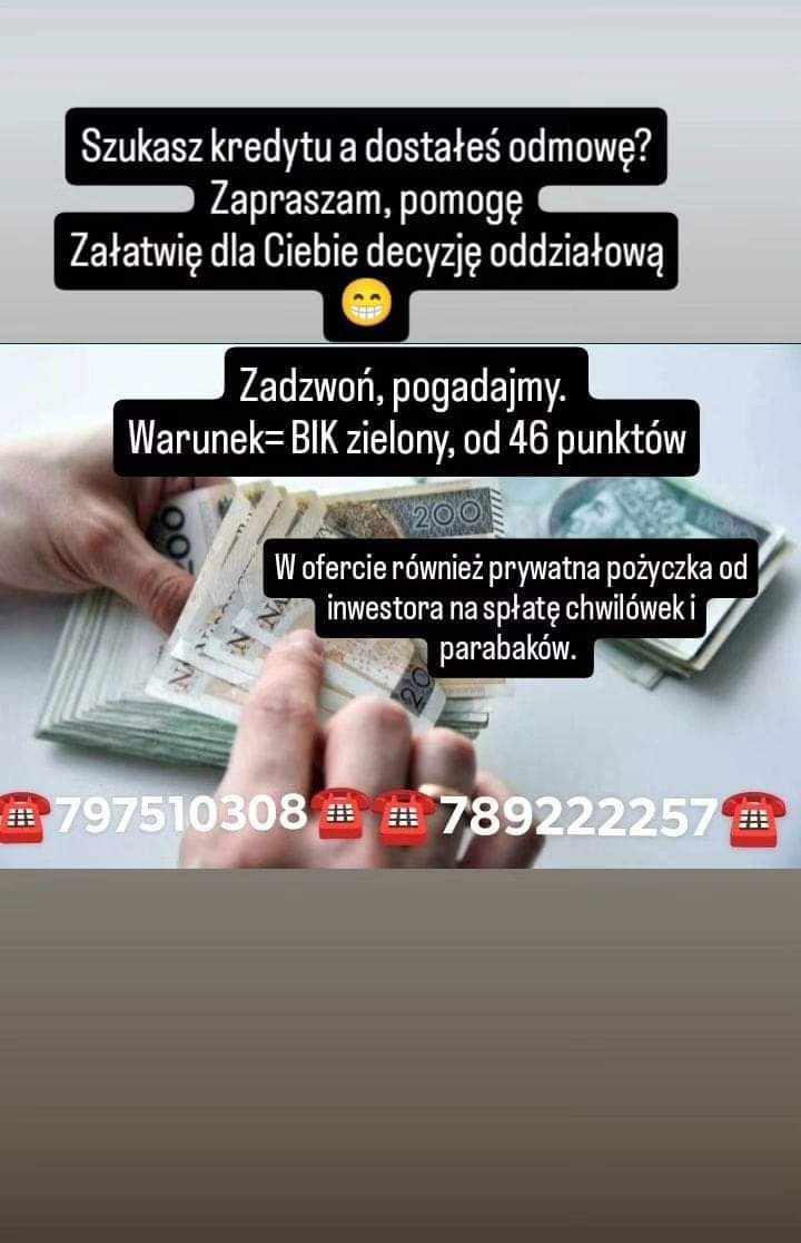 Dłoń trzymająca plik banknotów 200 zł, nad tekstem reklamującym pomoc w uzyskaniu kredytu mimo odmowy, z warunkiem 'BIK zielony, od 46 punktów' i ofertą prywatnej pożyczki na spłatę chwilówek...