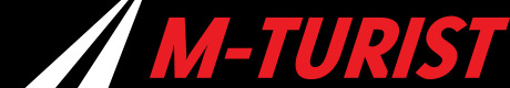 Logo firmy M-Turist z Słubic, z dynamicznym białym symbolem drogi po lewej stronie i czerwonym napisem na czarnym tle.