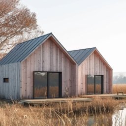 DmS - karkonoskie domy szkieletowe - Dwa identyczne, nowoczesne domki z jasnego drewna z ciemnymi, metalowymi dachami i dużymi przesuwnymi oknami, usytuowane na drewnianych platformach nad brzegiem zarośniętego stawu, w tle drzewa.