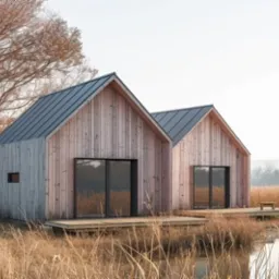 Dwa identyczne, nowoczesne domki z jasnego drewna z ciemnymi, metalowymi dachami i dużymi przesuwnymi oknami, usytuowane na drewnianych platformach nad brzegiem zarośniętego stawu, w tle drzewa.