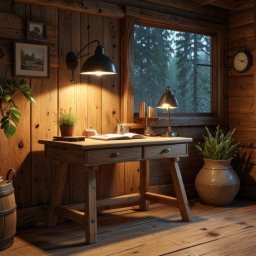 DmS - karkonoskie domy szkieletowe - Wnętrze pokoju w drewnianym domu z biurkiem, lampami i widokiem na las przez okno.