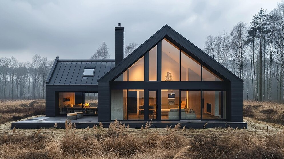 Nowoczesny dom z czarną elewacją i dużymi oknami, otoczony suchą trawą, z widocznym wnętrzem oświetlonym ciepłym światłem.