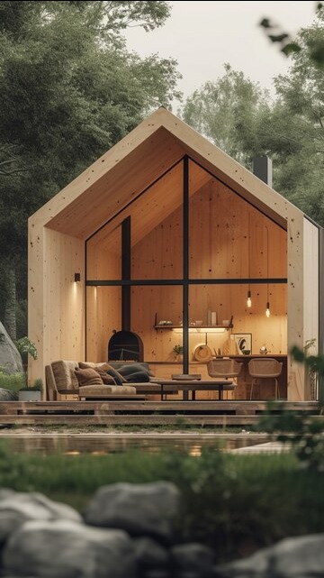 Nowoczesny, drewniany dom z dużymi oknami, widok z zewnątrz na wnętrze z kominkiem, sofą i barem, otoczony zielenią.