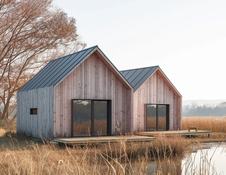 Dwa identyczne, nowoczesne domki z jasnego drewna z ciemnymi, metalowymi dachami i dużymi przesuwnymi oknami, usytuowane na drewnianych platformach nad brzegiem zarośniętego stawu, w tle drzewa.