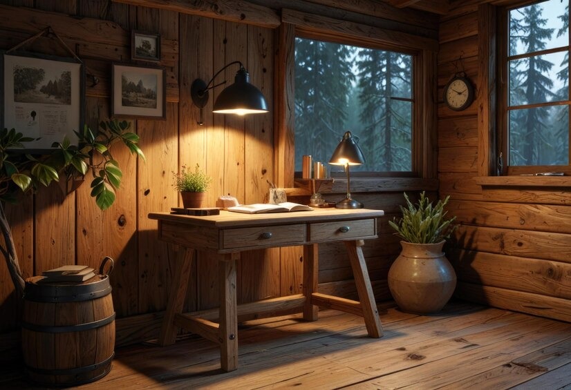 Wnętrze pokoju w drewnianym domu z biurkiem, lampami i widokiem na las przez okno.