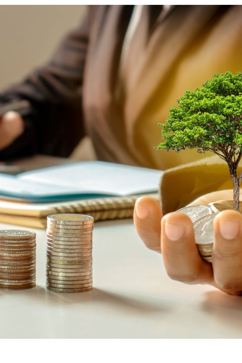 Stos monet obok dłoni trzymającej monety z małym drzewkiem, symbolizujące wzrost finansowy na tle notatnika i osoby w garniturze.