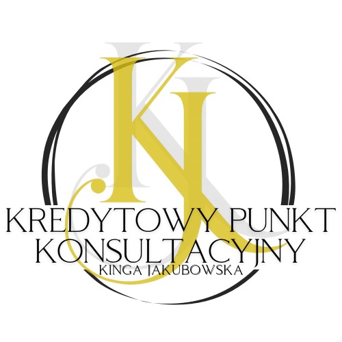 Logo 'Kredytowy Punkt Konsultacyjny Kinga Jakubowska' z stylizowanymi literami K w złotym kolorze, otoczone czarnym okręgiem na białym tle.