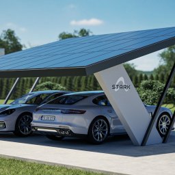STARK SPÓŁKA Z OGRANICZONĄ ODPOWIEDZIALNOŚCIĄ - Dwa samochody Porsche zaparkowane pod nowoczesną wiatą solarną z logo STARK na tle domu i zieleni.
