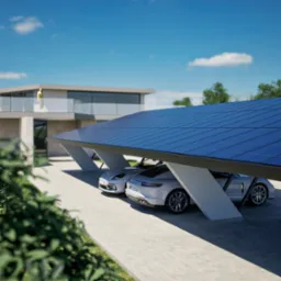 Nowoczesna wiata garażowa z panelami słonecznymi nad dwoma białymi samochodami sportowymi, na tle minimalistycznego domu z balkonem i błękitnego nieba.