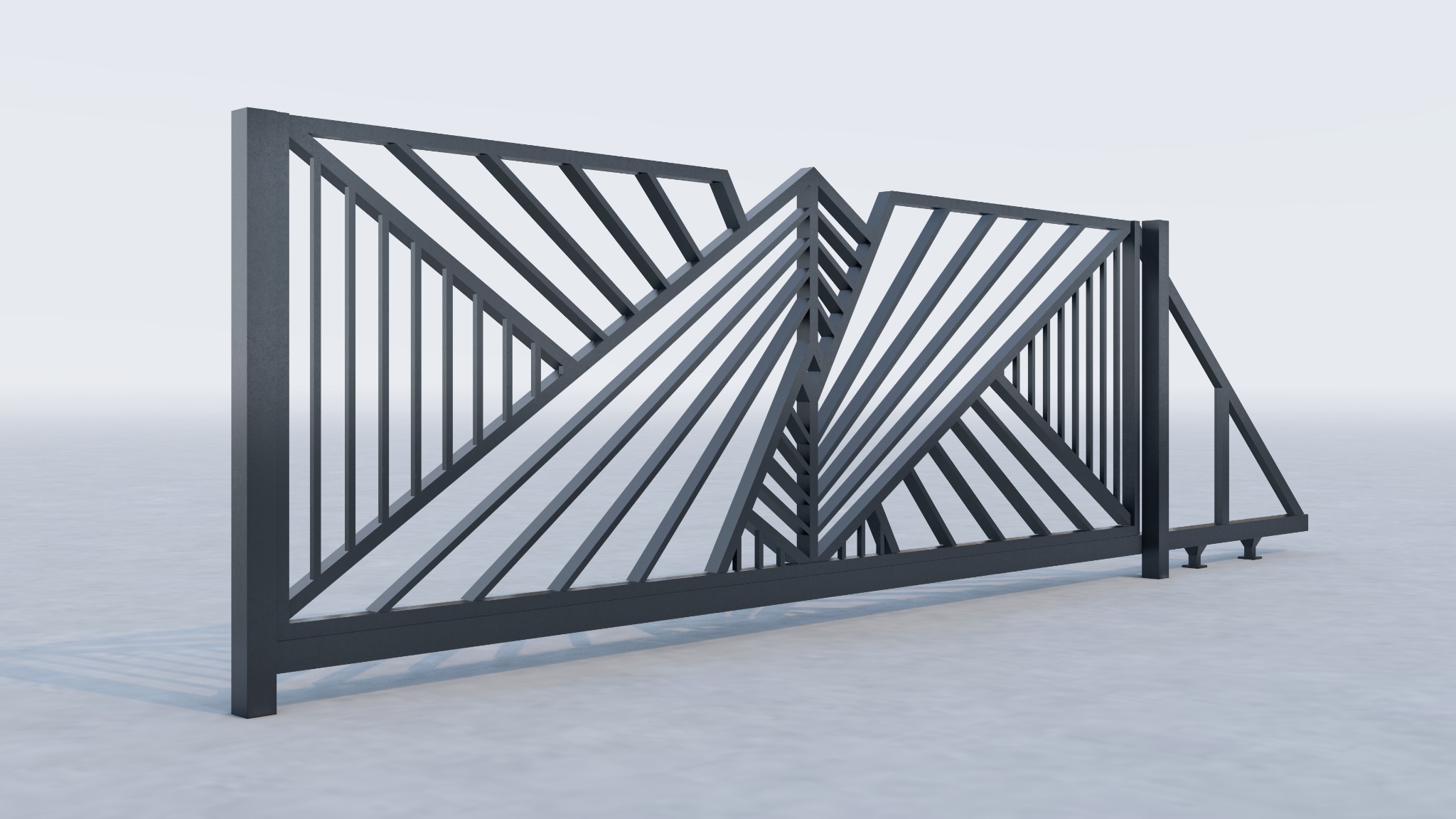 Nowoczesna, dwuskrzydłowa brama wjazdowa z metalu pomalowanego na szaro, o geometrycznym wzorze z ukośnych i pionowych prętów, na jasnym tle.