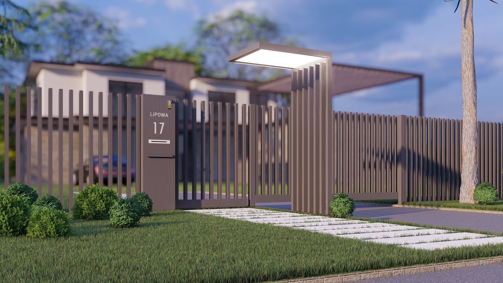 Nowoczesna brama wjazdowa z metalowymi sztachetami w kolorze antracytu, zintegrowana ze skrzynką pocztową i podświetleniem LED, na tle domu z ogrodem.