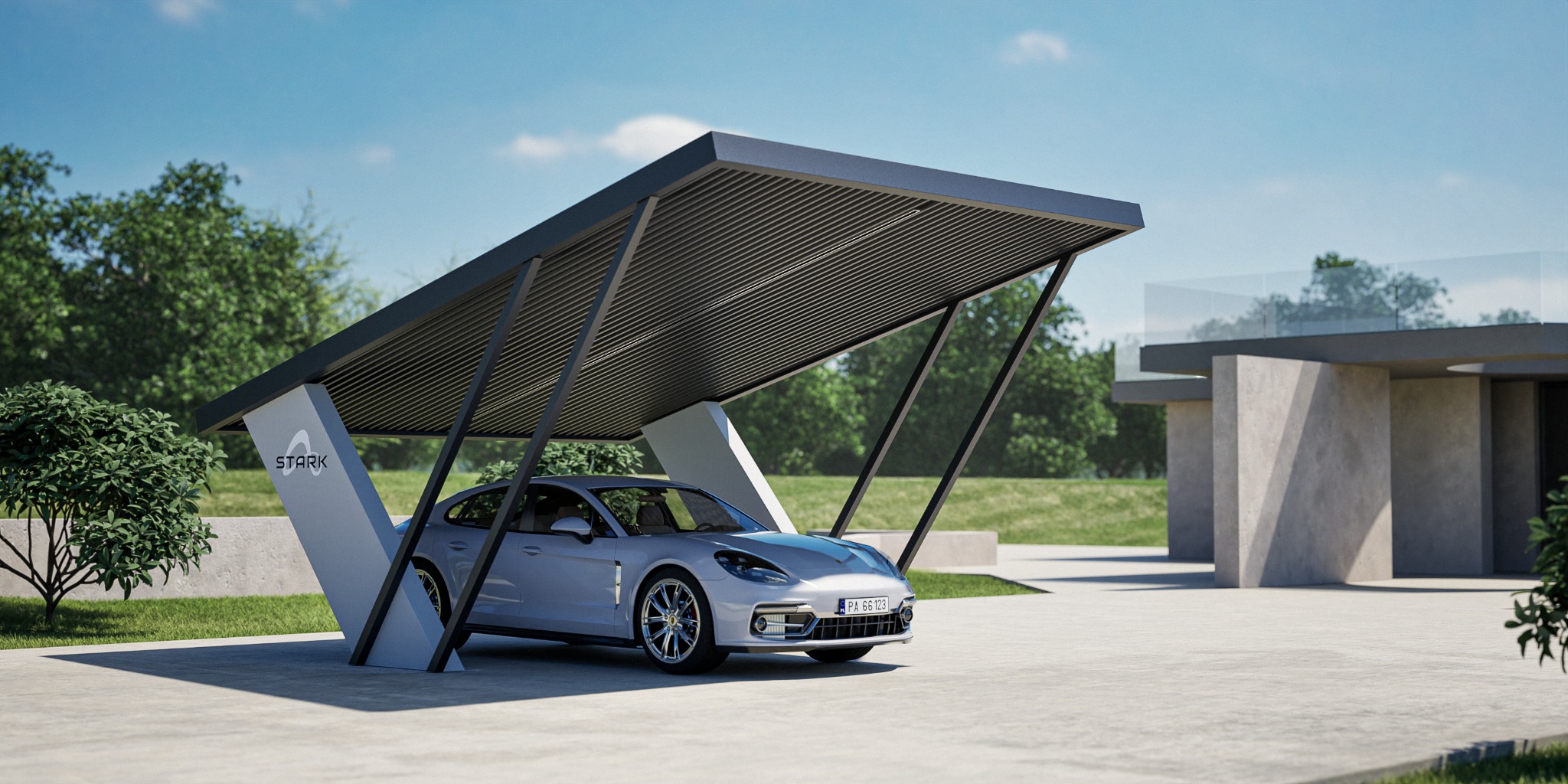 Nowoczesna, metalowa wiata garażowa z logo Stark, osłaniająca srebrny samochód sportowy na tle domu z przeszklonym balkonem.