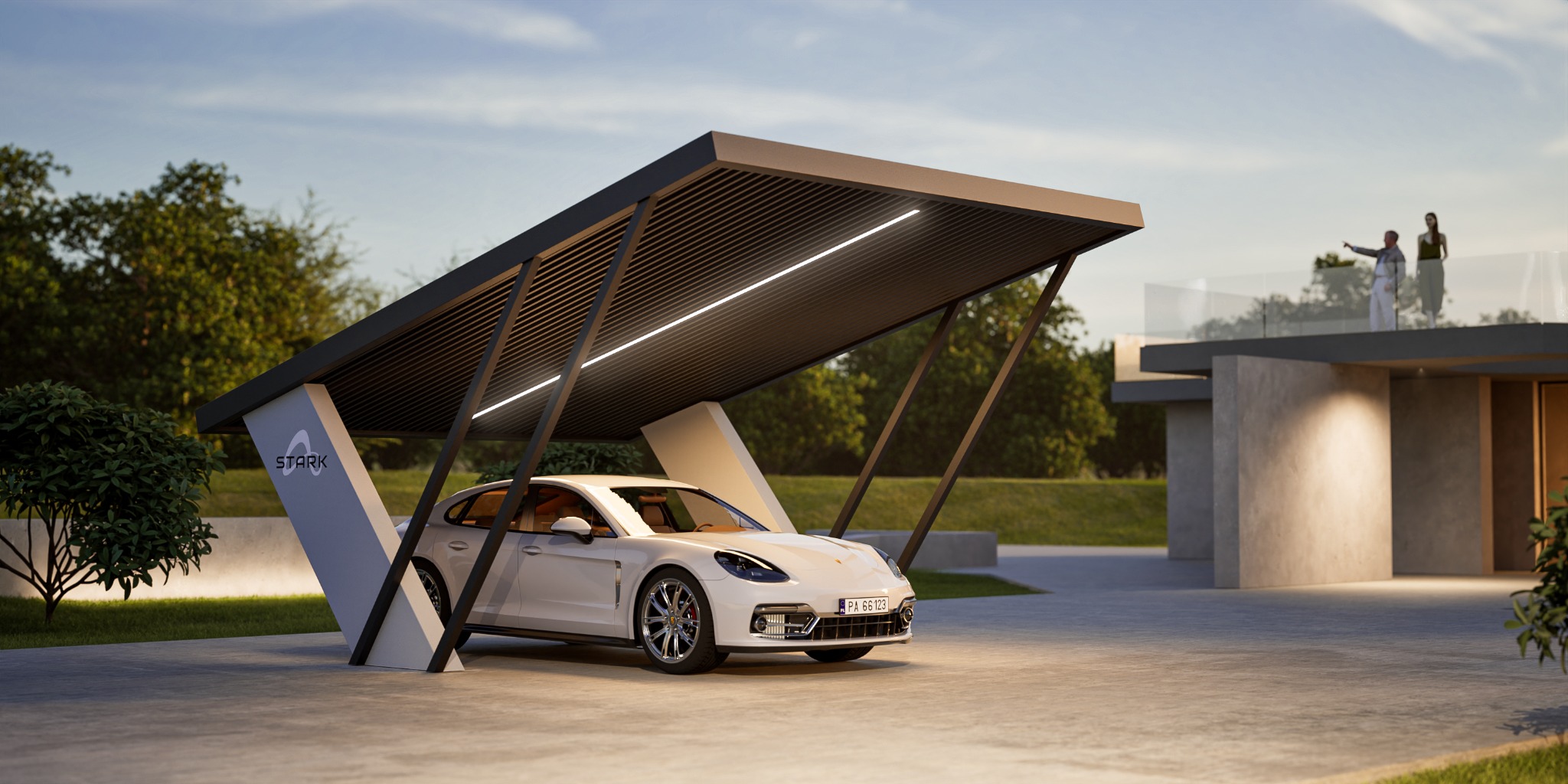 Nowoczesna, minimalistyczna wiata garażowa z oświetleniem LED, osłaniająca białe Porsche Panamera na tle nowoczesnego domu z parą na balkonie.