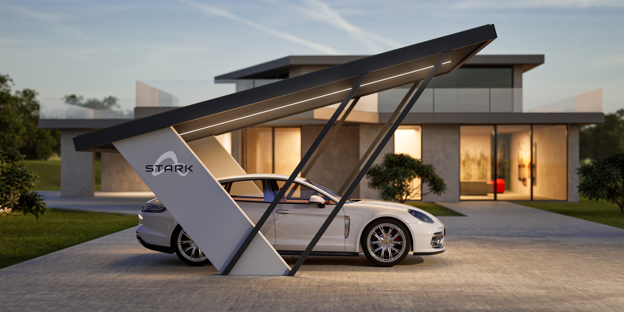 Nowoczesna wiata garażowa z logo Stark, oświetleniem LED i metalową konstrukcją, osłaniająca biały samochód na tle domu z dużymi oknami.