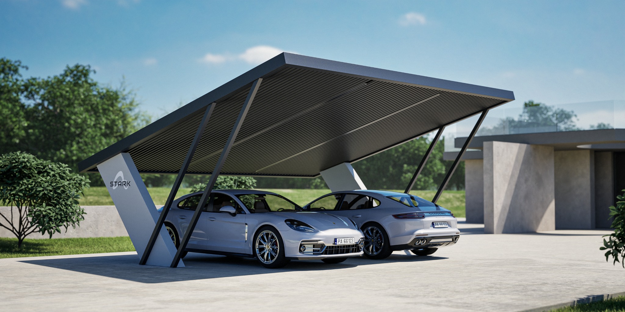 Nowoczesna, minimalistyczna wiata garażowa z metalową konstrukcją i logo 'STARK', osłaniająca dwa samochody Porsche Panamera w jasnych kolorach, na tle domu z ogrodem.