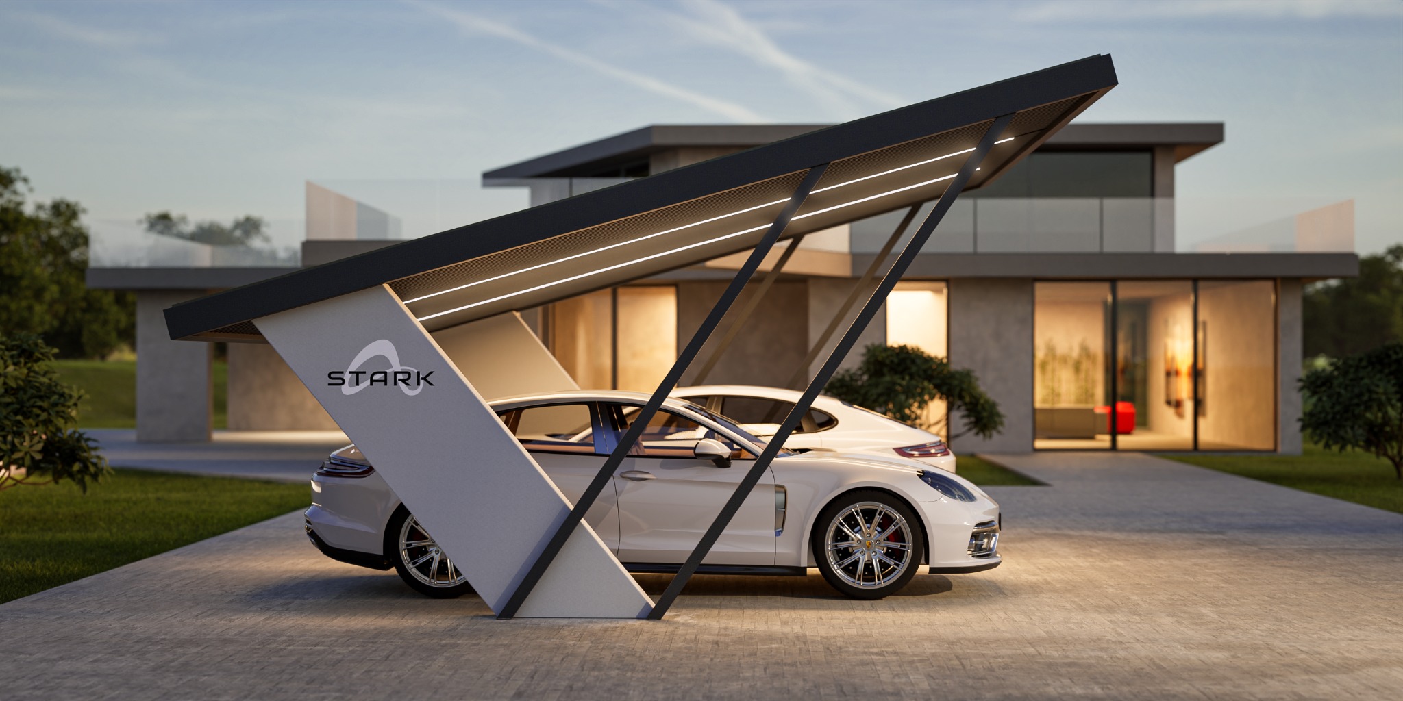 Nowoczesna wiata samochodowa z oświetleniem LED i logo Stark, chroniąca dwa białe samochody na tle luksusowego domu.