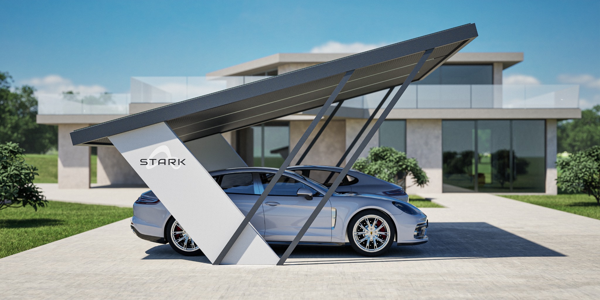 Nowoczesna wiata garażowa z logo firmy STARK, osłaniająca dwa srebrne samochody na tle nowoczesnego domu z dużymi oknami.