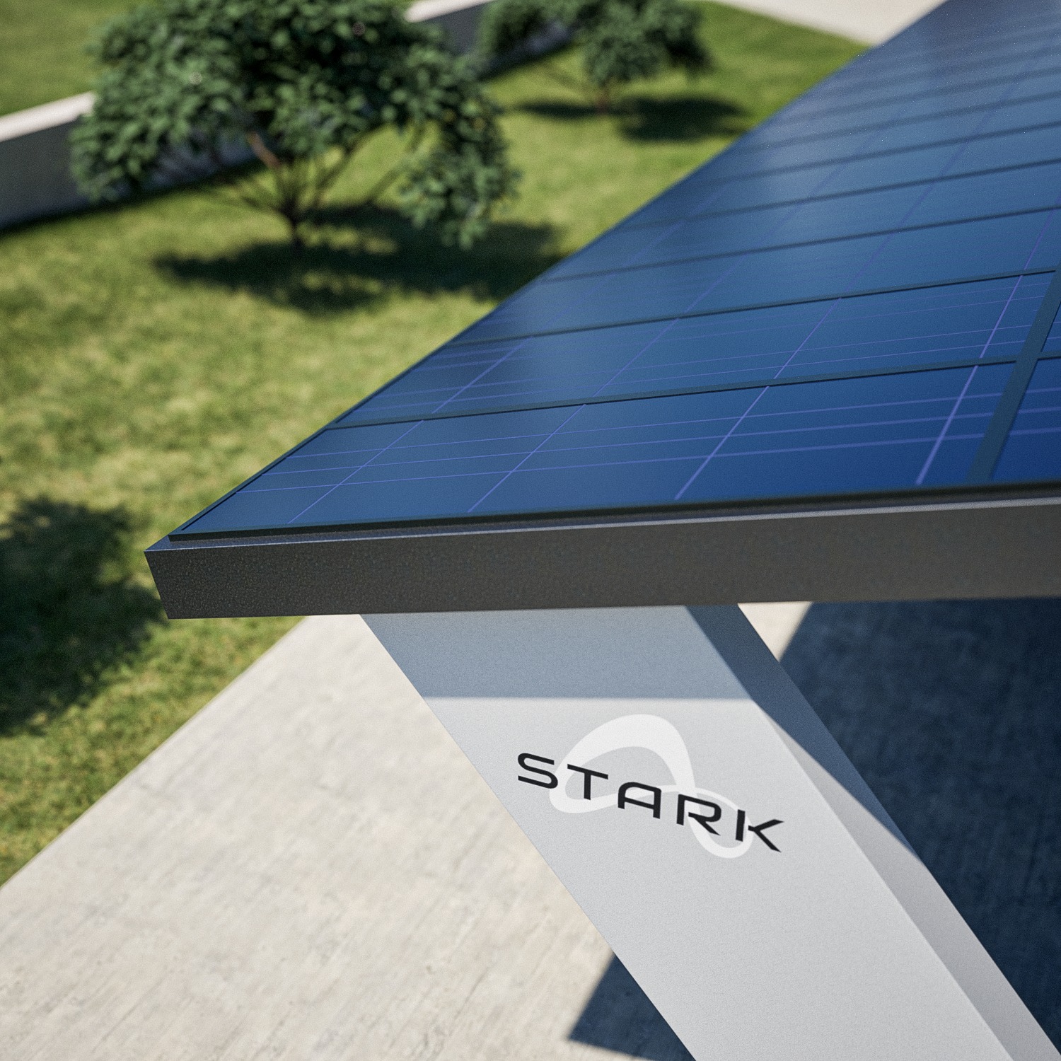 Nowoczesna, minimalistyczna konstrukcja z paneli słonecznych z logo 'STARK' na białej podstawie, na tle zielonego trawnika z drzewem.