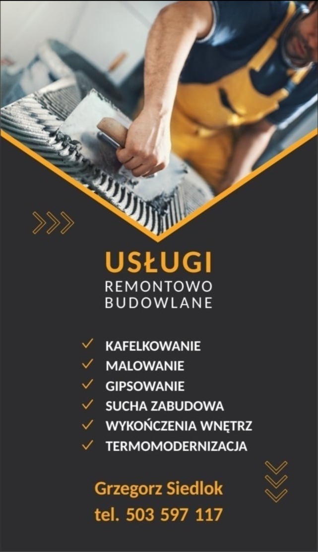 Reklama usług remontowo-budowlanych: glazurnik nakładający klej na płytkę, z widocznym logo i danymi kontaktowymi firmy Grzegorz Siedlok.