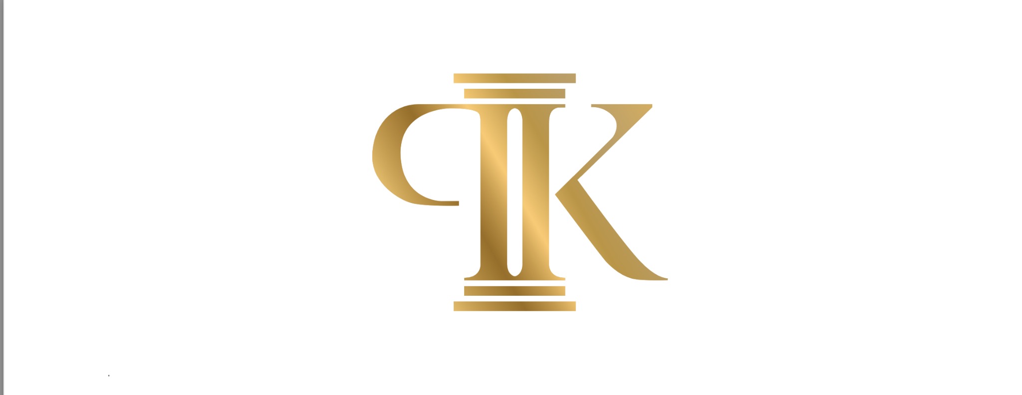 Złote logo kancelarii prawnej w formie litery K stylizowanej na kolumnę na białym tle.