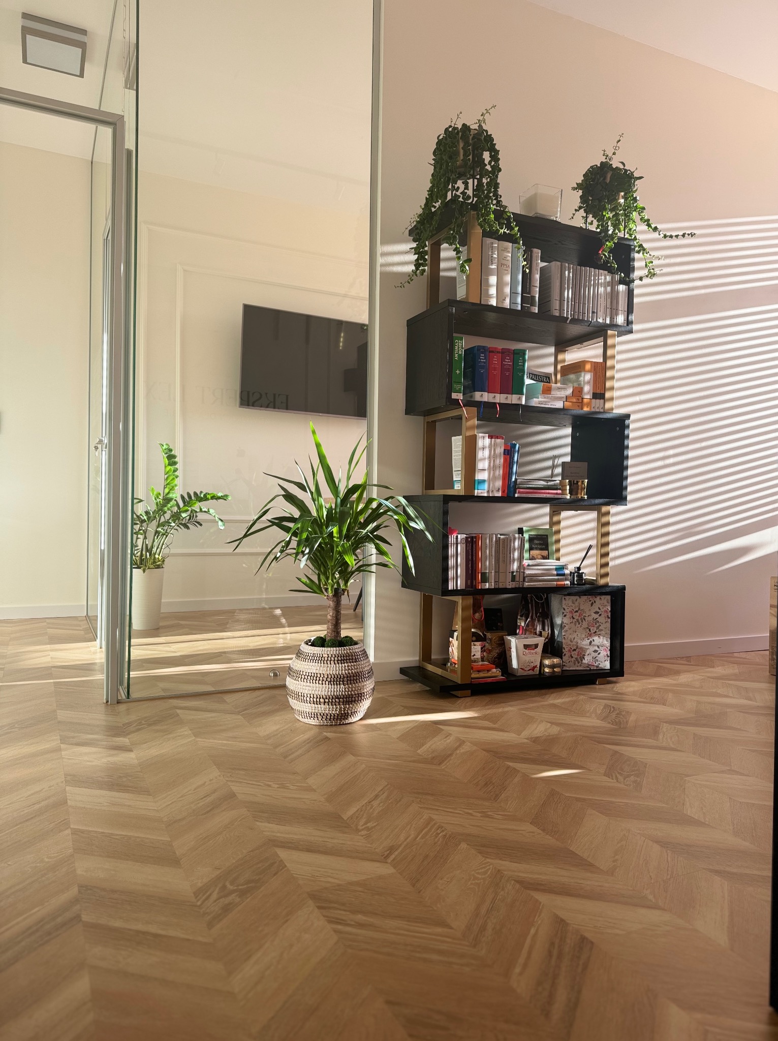 Jasne, przestronne wnętrze kancelarii z parkietem w jodełkę, szklaną ścianą, roślinami doniczkowymi i regałem na książki o nieregularnym kształcie.
