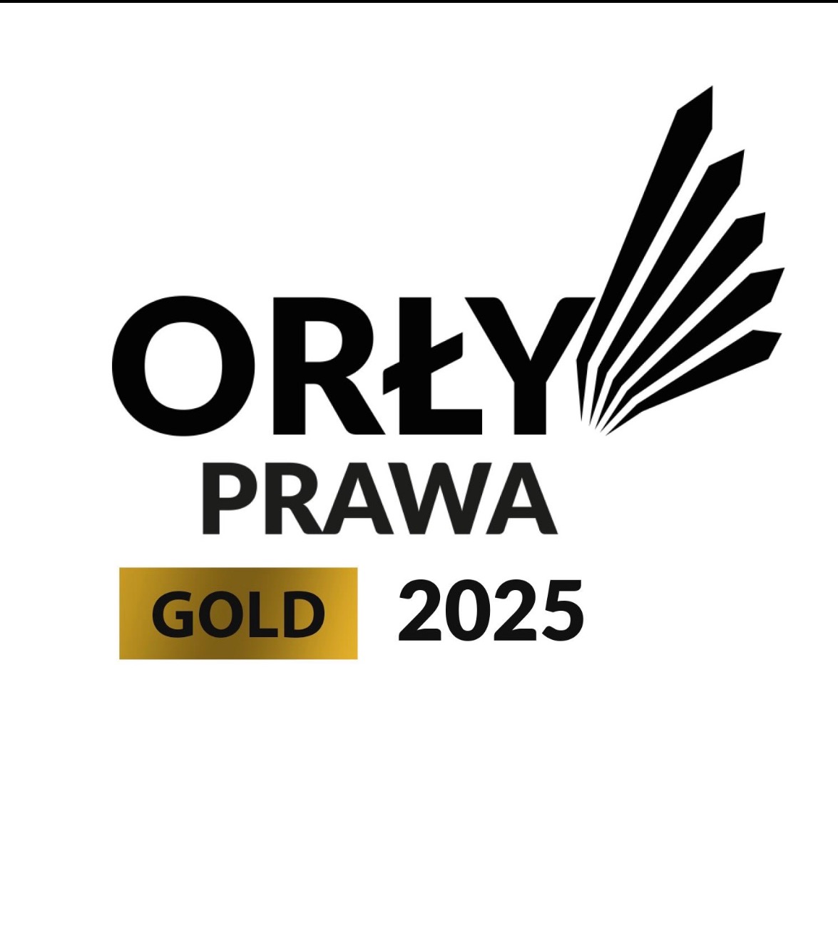 Logo 'Orły Prawa' Gold 2025. Czarny napis na białym tle z symbolem piór. Nagroda prawnicza.