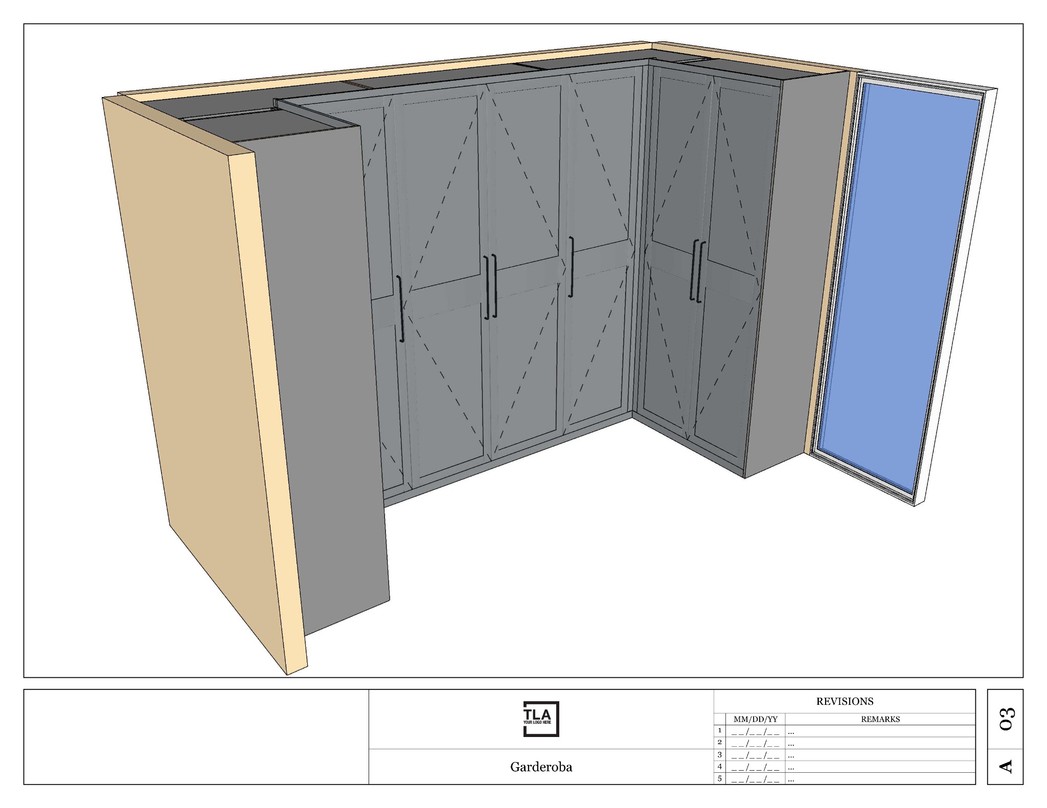 Wizualizacja 3D narożnej zabudowy szafy z szarymi frontami, czarnymi uchwytami i panelami bocznymi w kolorze jasnego drewna, widoczny fragment dokumentacji technicznej z logo i opisem 'Garderoba'.