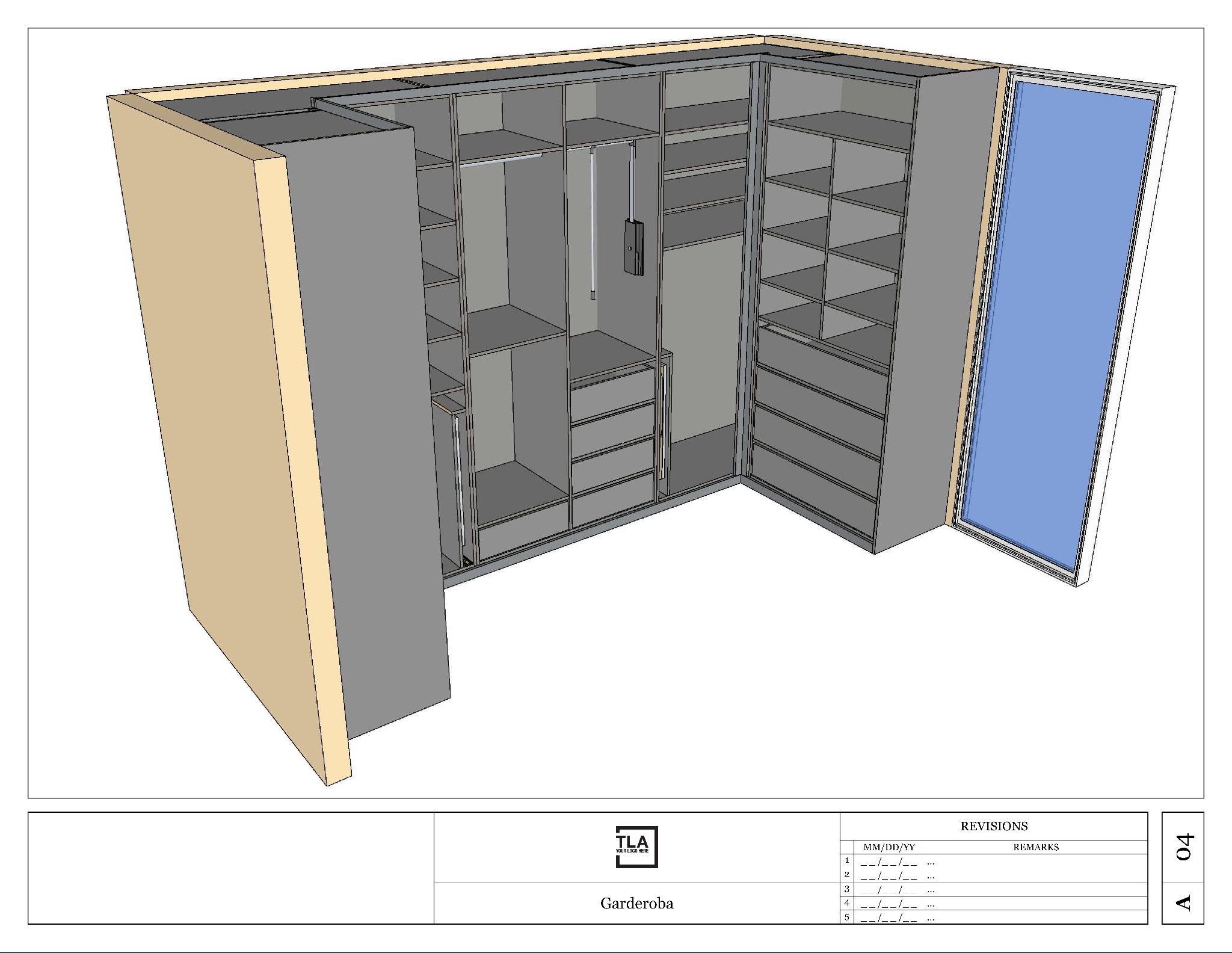 Projekt 3D narożnej garderoby z półkami, szufladami i drążkami, z otwartymi drzwiami z lustrem, widok z góry.