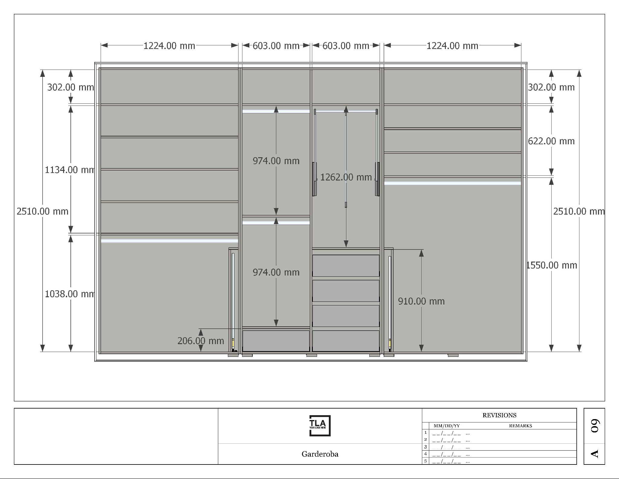 Techniczny rysunek szafy z przesuwnymi drzwiami, zawierający wymiary poszczególnych elementów, w tym półek, szuflad i przestrzeni do wieszania ubrań, z uwzględnieniem grubości materiałów...