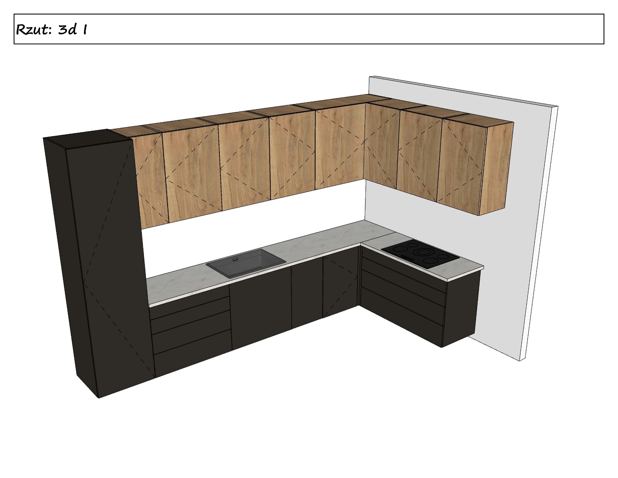 Wizualizacja 3D kuchni narożnej z drewnianymi szafkami wiszącymi i czarnymi szafkami dolnymi, szarym blatem, zlewozmywakiem i płytą indukcyjną.