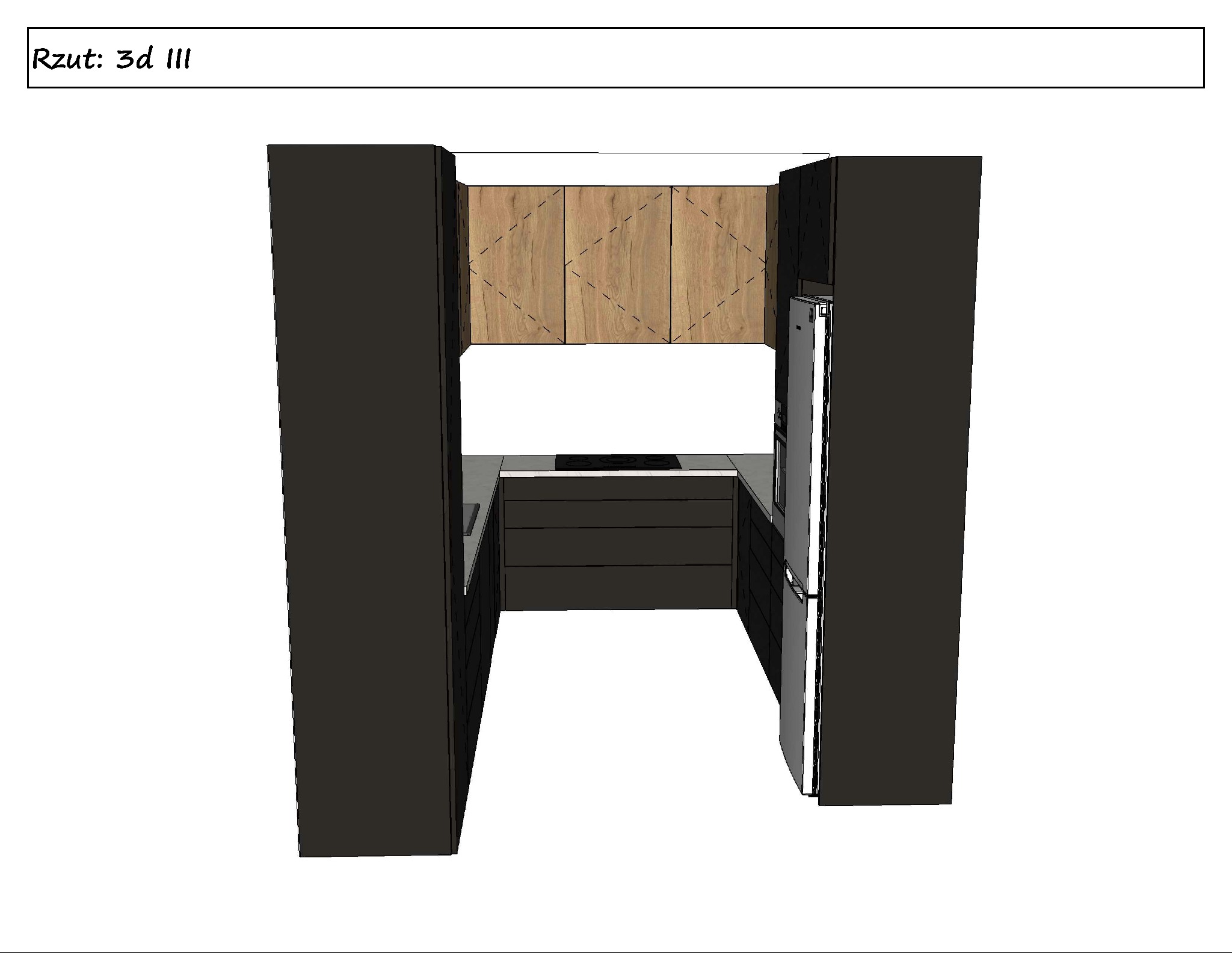 Wizualizacja 3D kuchni w kształcie litery U z ciemnymi szafkami dolnymi i drewnianymi szafkami górnymi, widok frontalny.