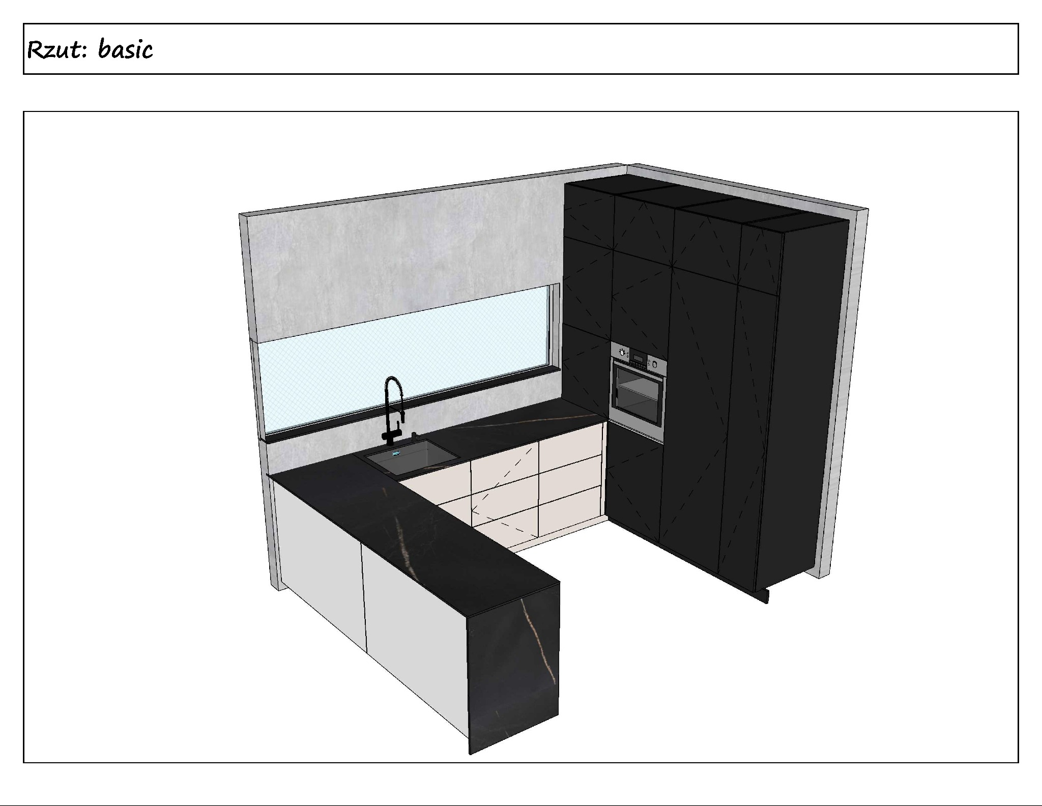 Wizualizacja 3D kuchni w kształcie litery U z czarnym blatem z żyłkami, jasnymi szafkami dolnymi i wysoką zabudową w kolorze czarnym z piekarnikiem, widok z góry.