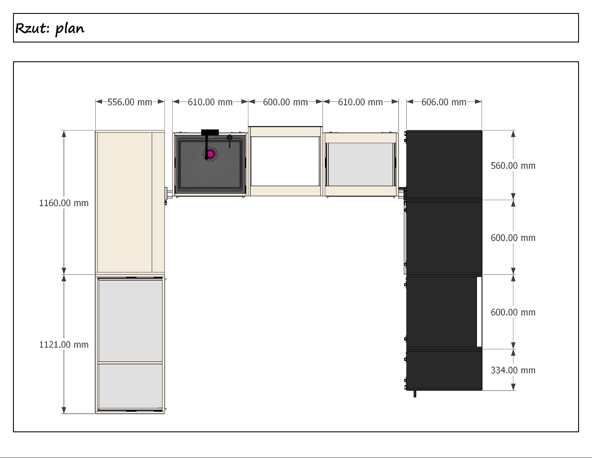 Plan kuchni w kształcie litery L z wymiarami, widok z góry. Szafki w kolorach beżowym, szarym i czarnym. Zaznaczone odległości w milimetrach.