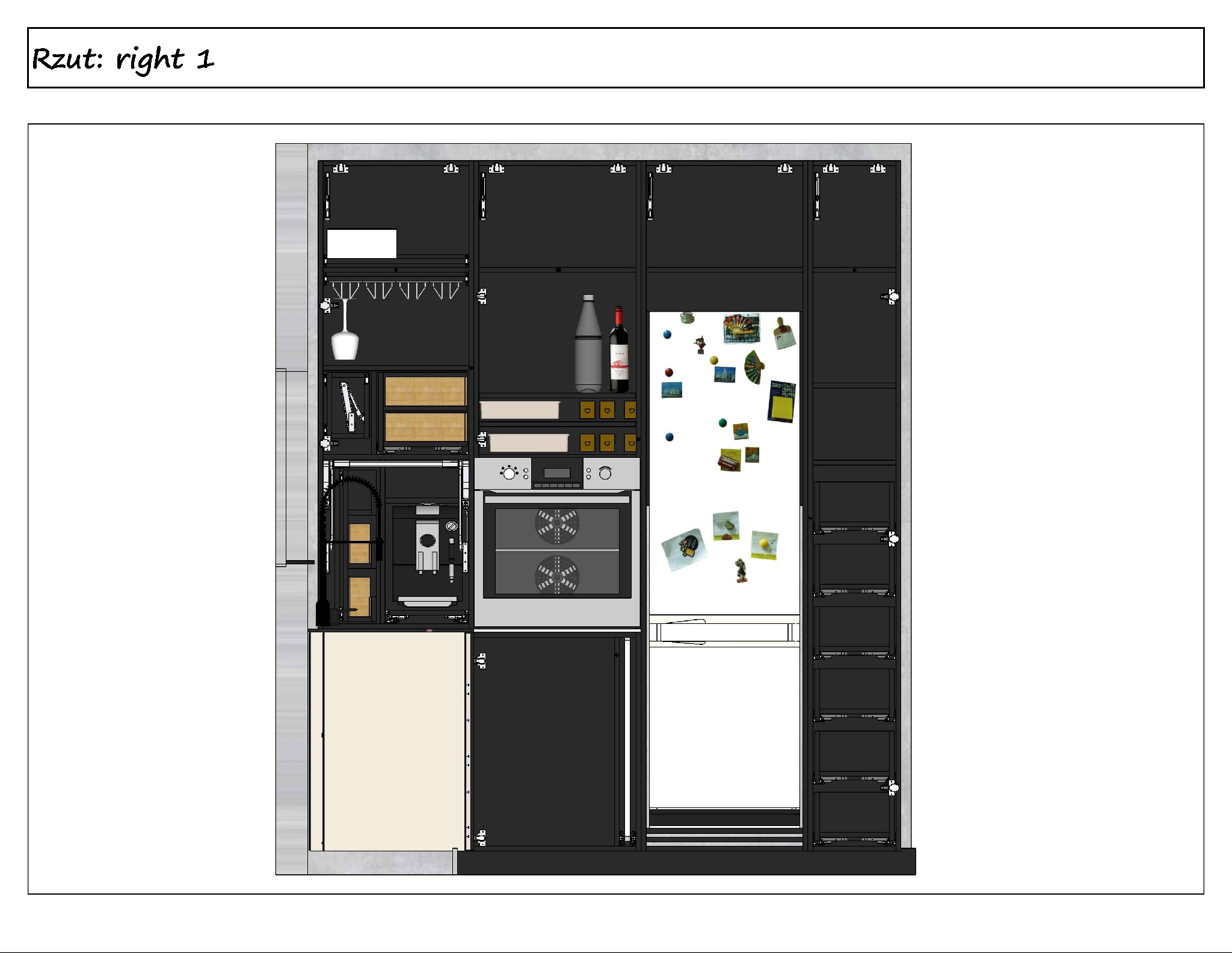 Projekt wizualizacji kuchni z czarnymi szafkami, białym blatem, piekarnikiem, zlewem i lodówką z magnesami.