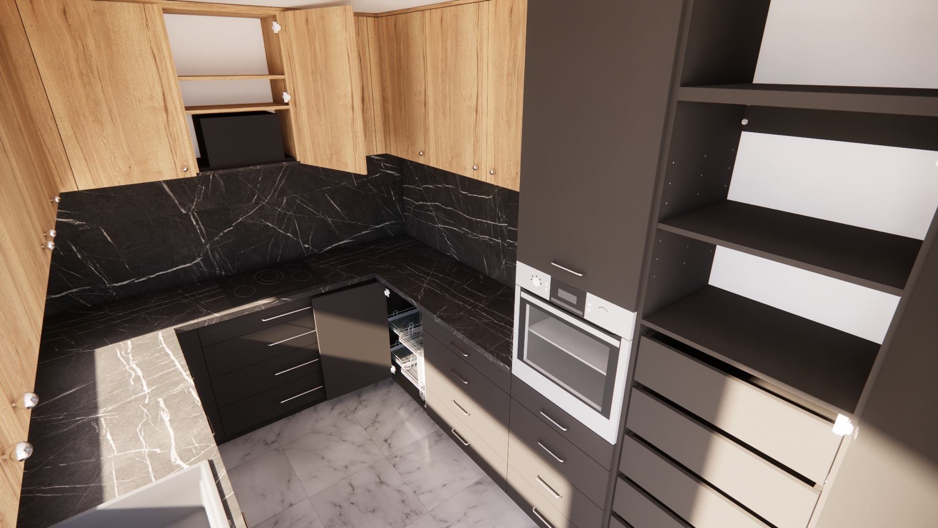 Wizualizacja fotorealistyczna nowoczesnej kuchni z drewnianymi szafkami górnymi, czarnym blatem imitującym marmur i szarymi szafkami dolnymi z wbudowanym piekarnikiem i wysuwanymi koszami.