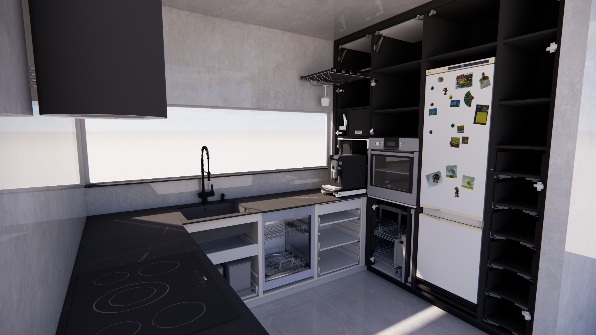 Wizualizacja fotorealistyczna nowoczesnej kuchni w Dąbrowie Górniczej z czarnymi frontami szafek, białą lodówką ozdobioną magnesami, czarnym zlewem i baterią oraz sprzętem AGD w zabudowie.
