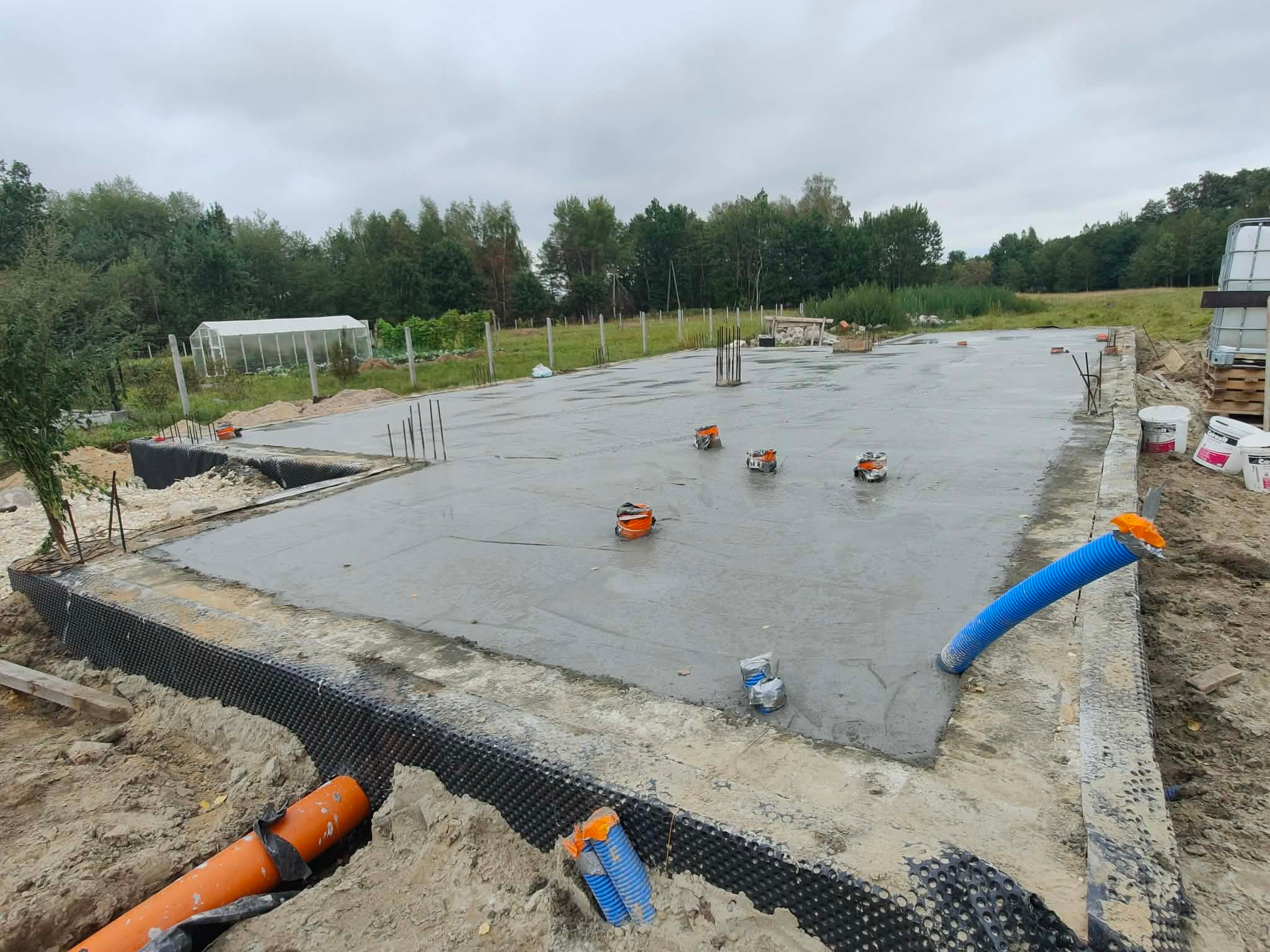Wylana płyta fundamentowa z hydroizolacją, widoczne rury drenażowe i wystające pręty zbrojeniowe. W tle zieleń i szklarnia. Pochmurne niebo.