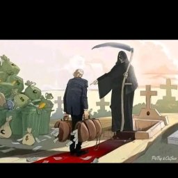 Pyk Pyk Elektryk - Karykatura przedstawiająca mężczyznę w garniturze niosącego walizki pełne pieniędzy, prowadzony przez kostuchę na cmentarz.