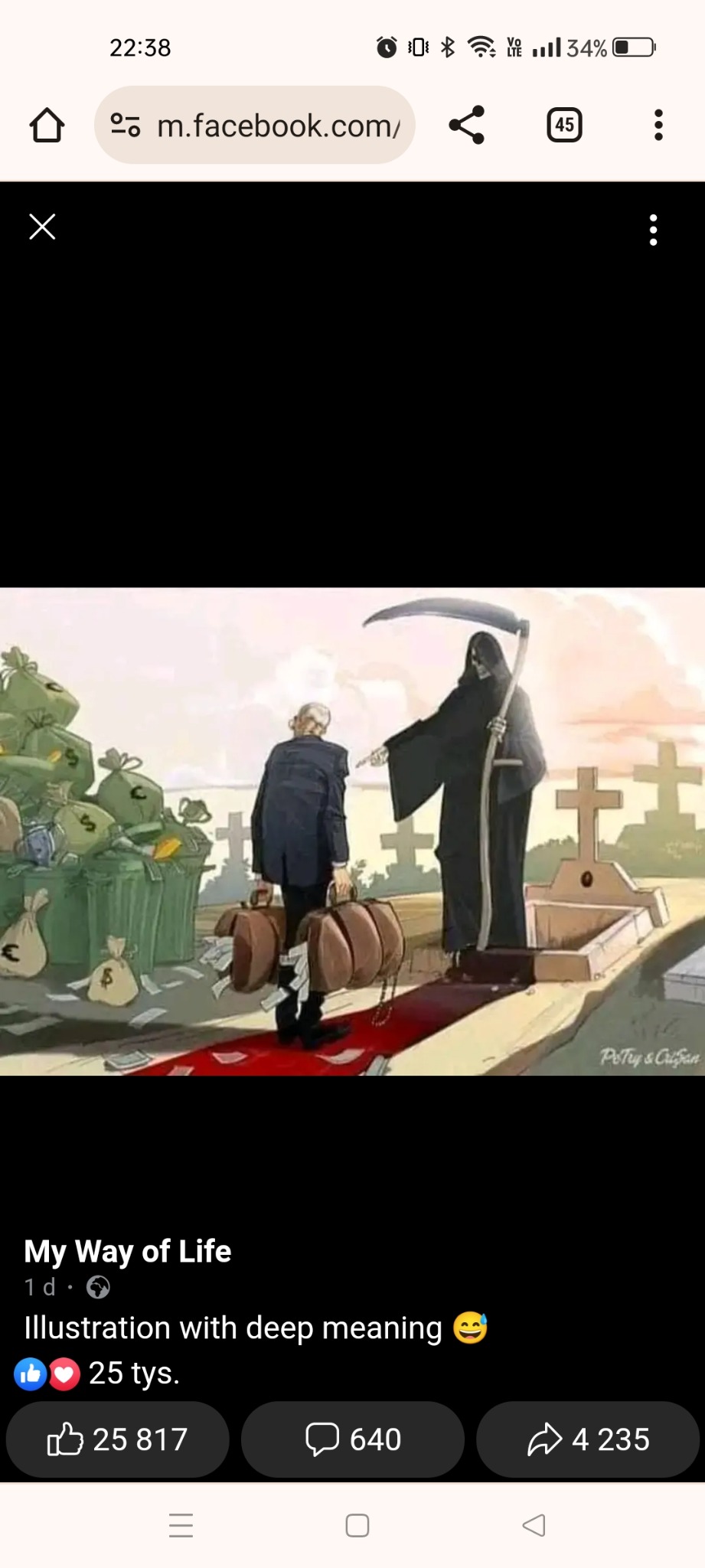 Karykatura przedstawiająca mężczyznę w garniturze niosącego walizki pełne pieniędzy, prowadzony przez kostuchę na cmentarz.